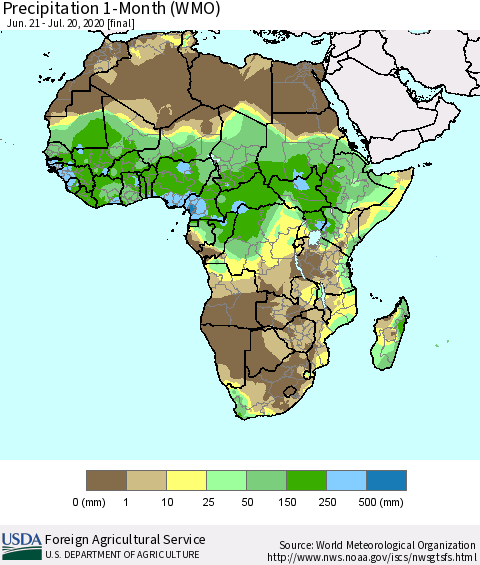 Africa Precipitation 1-Month (WMO) Thematic Map For 6/21/2020 - 7/20/2020