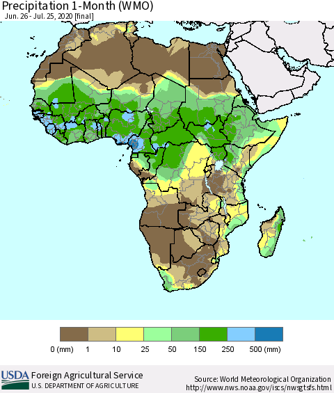 Africa Precipitation 1-Month (WMO) Thematic Map For 6/26/2020 - 7/25/2020