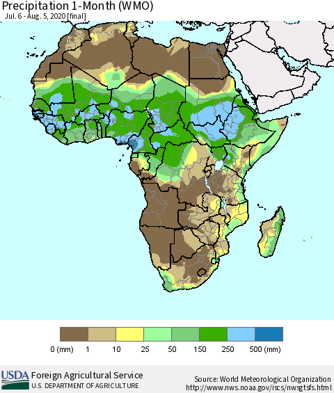 Africa Precipitation 1-Month (WMO) Thematic Map For 7/6/2020 - 8/5/2020