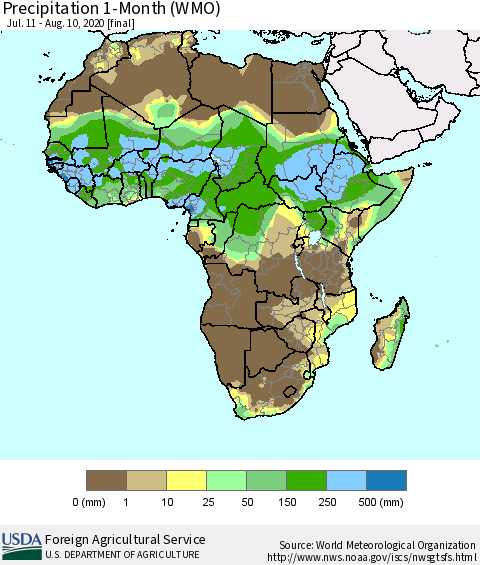 Africa Precipitation 1-Month (WMO) Thematic Map For 7/11/2020 - 8/10/2020