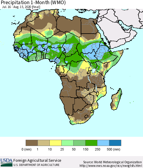 Africa Precipitation 1-Month (WMO) Thematic Map For 7/16/2020 - 8/15/2020