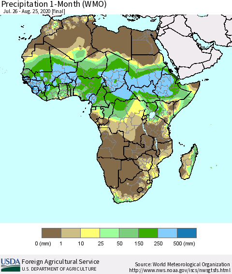 Africa Precipitation 1-Month (WMO) Thematic Map For 7/26/2020 - 8/25/2020