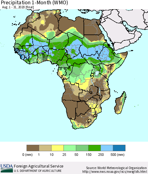 Africa Precipitation 1-Month (WMO) Thematic Map For 8/1/2020 - 8/31/2020