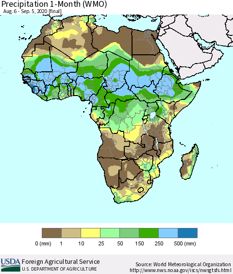 Africa Precipitation 1-Month (WMO) Thematic Map For 8/6/2020 - 9/5/2020