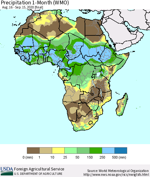 Africa Precipitation 1-Month (WMO) Thematic Map For 8/16/2020 - 9/15/2020