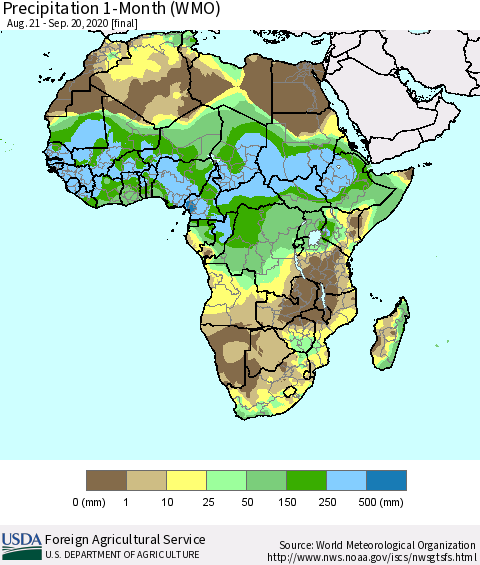 Africa Precipitation 1-Month (WMO) Thematic Map For 8/21/2020 - 9/20/2020