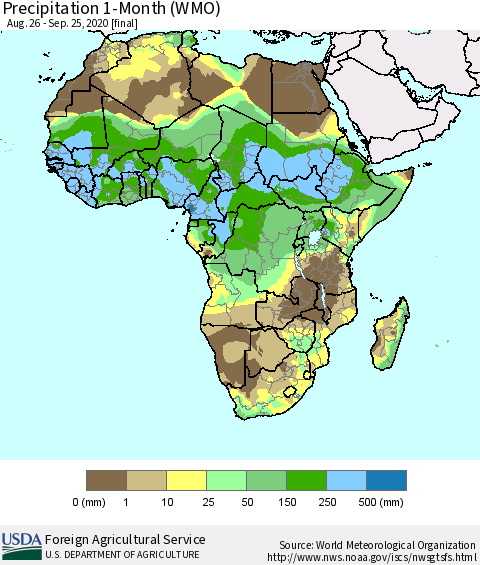 Africa Precipitation 1-Month (WMO) Thematic Map For 8/26/2020 - 9/25/2020