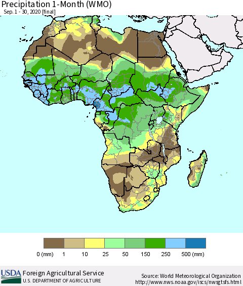 Africa Precipitation 1-Month (WMO) Thematic Map For 9/1/2020 - 9/30/2020