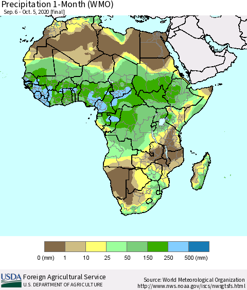 Africa Precipitation 1-Month (WMO) Thematic Map For 9/6/2020 - 10/5/2020