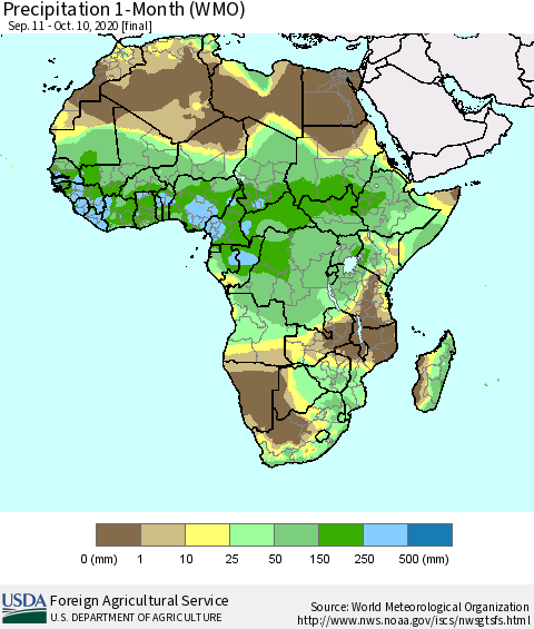 Africa Precipitation 1-Month (WMO) Thematic Map For 9/11/2020 - 10/10/2020