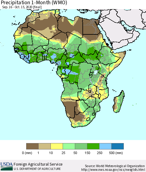 Africa Precipitation 1-Month (WMO) Thematic Map For 9/16/2020 - 10/15/2020