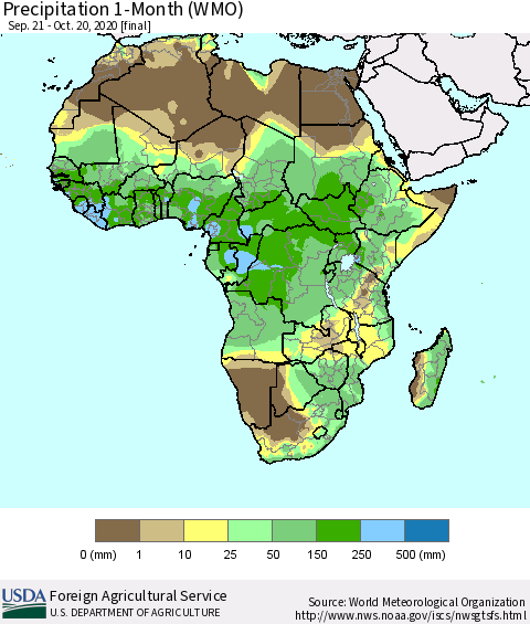 Africa Precipitation 1-Month (WMO) Thematic Map For 9/21/2020 - 10/20/2020