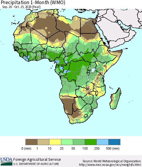 Africa Precipitation 1-Month (WMO) Thematic Map For 9/26/2020 - 10/25/2020