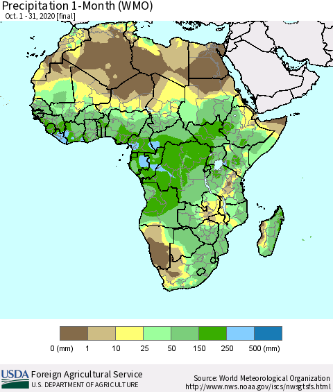 Africa Precipitation 1-Month (WMO) Thematic Map For 10/1/2020 - 10/31/2020