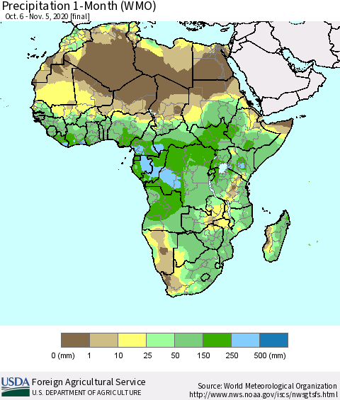 Africa Precipitation 1-Month (WMO) Thematic Map For 10/6/2020 - 11/5/2020