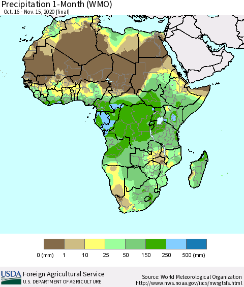 Africa Precipitation 1-Month (WMO) Thematic Map For 10/16/2020 - 11/15/2020