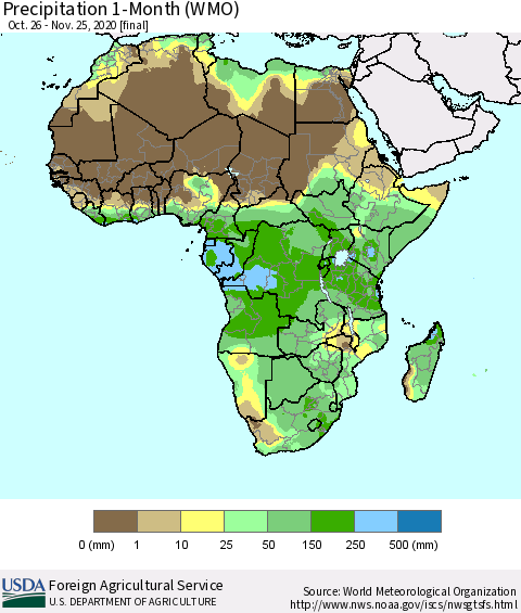 Africa Precipitation 1-Month (WMO) Thematic Map For 10/26/2020 - 11/25/2020