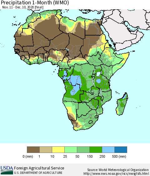 Africa Precipitation 1-Month (WMO) Thematic Map For 11/11/2020 - 12/10/2020