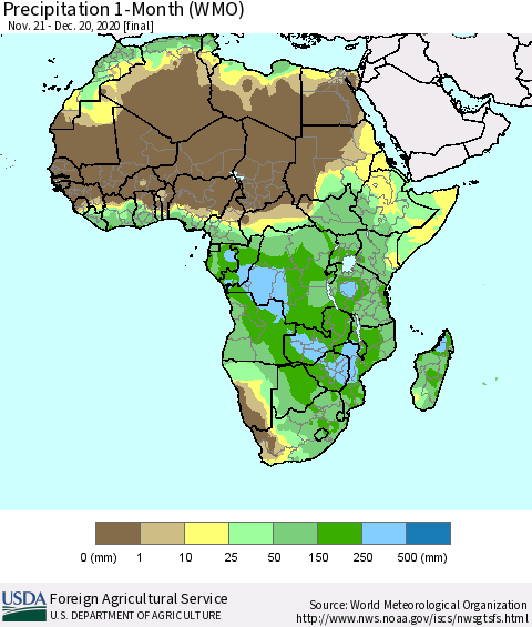 Africa Precipitation 1-Month (WMO) Thematic Map For 11/21/2020 - 12/20/2020