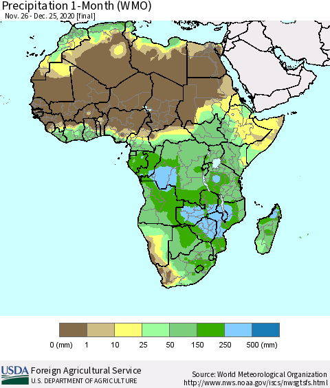 Africa Precipitation 1-Month (WMO) Thematic Map For 11/26/2020 - 12/25/2020