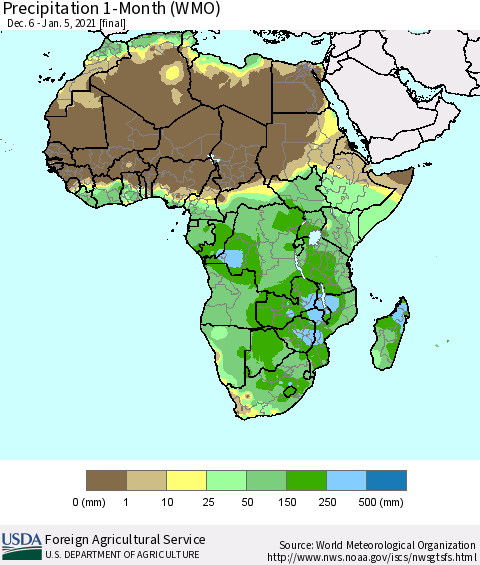 Africa Precipitation 1-Month (WMO) Thematic Map For 12/6/2020 - 1/5/2021