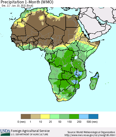 Africa Precipitation 1-Month (WMO) Thematic Map For 12/11/2020 - 1/10/2021