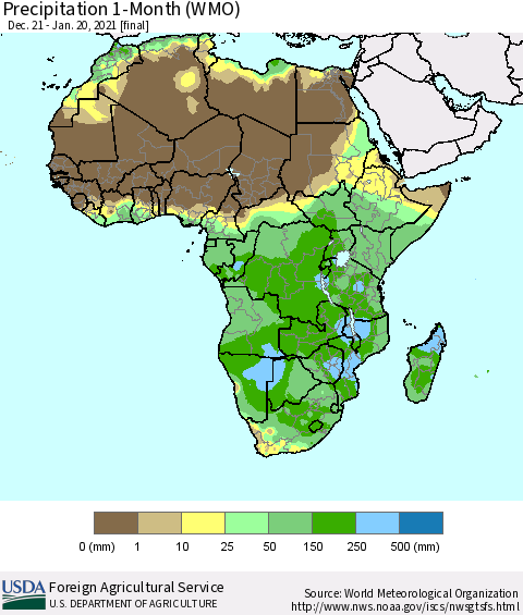 Africa Precipitation 1-Month (WMO) Thematic Map For 12/21/2020 - 1/20/2021