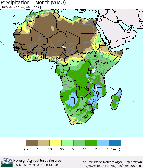 Africa Precipitation 1-Month (WMO) Thematic Map For 12/26/2020 - 1/25/2021
