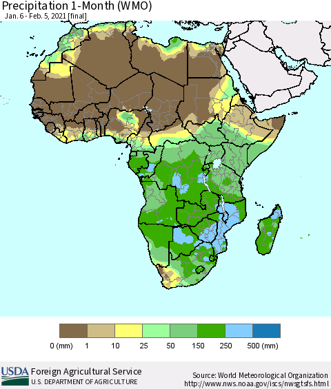 Africa Precipitation 1-Month (WMO) Thematic Map For 1/6/2021 - 2/5/2021