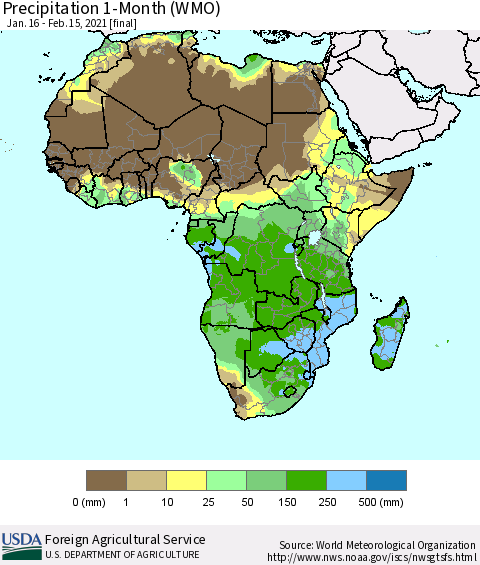 Africa Precipitation 1-Month (WMO) Thematic Map For 1/16/2021 - 2/15/2021
