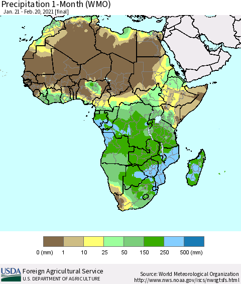 Africa Precipitation 1-Month (WMO) Thematic Map For 1/21/2021 - 2/20/2021