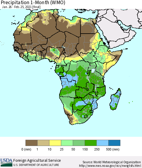 Africa Precipitation 1-Month (WMO) Thematic Map For 1/26/2021 - 2/25/2021