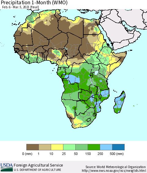 Africa Precipitation 1-Month (WMO) Thematic Map For 2/6/2021 - 3/5/2021