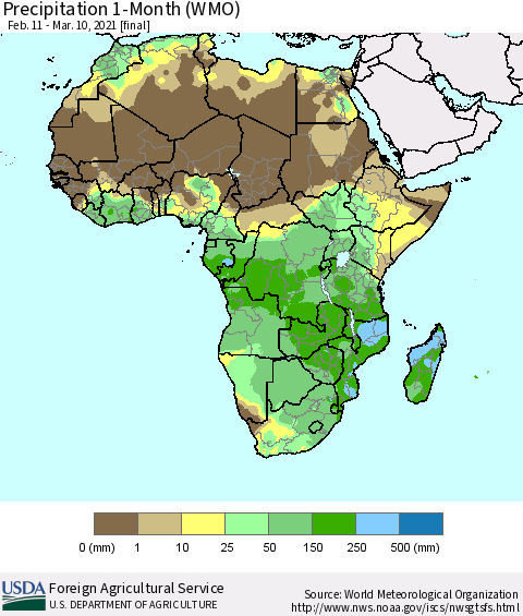 Africa Precipitation 1-Month (WMO) Thematic Map For 2/11/2021 - 3/10/2021