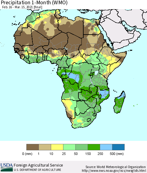 Africa Precipitation 1-Month (WMO) Thematic Map For 2/16/2021 - 3/15/2021