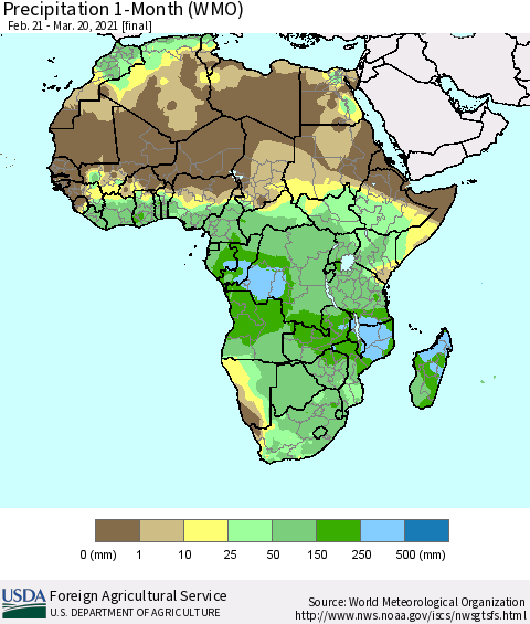Africa Precipitation 1-Month (WMO) Thematic Map For 2/21/2021 - 3/20/2021