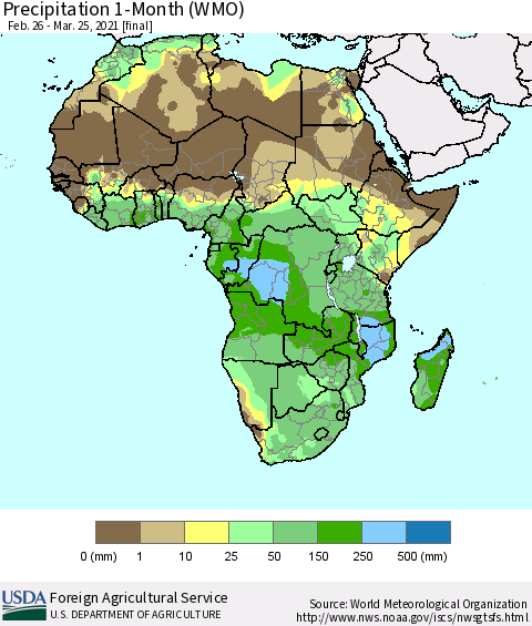 Africa Precipitation 1-Month (WMO) Thematic Map For 2/26/2021 - 3/25/2021