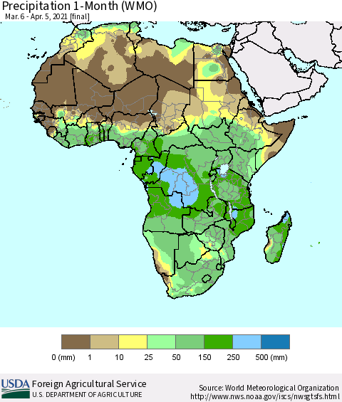 Africa Precipitation 1-Month (WMO) Thematic Map For 3/6/2021 - 4/5/2021