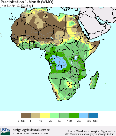 Africa Precipitation 1-Month (WMO) Thematic Map For 3/11/2021 - 4/10/2021