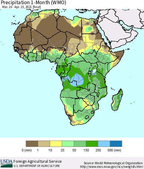 Africa Precipitation 1-Month (WMO) Thematic Map For 3/16/2021 - 4/15/2021