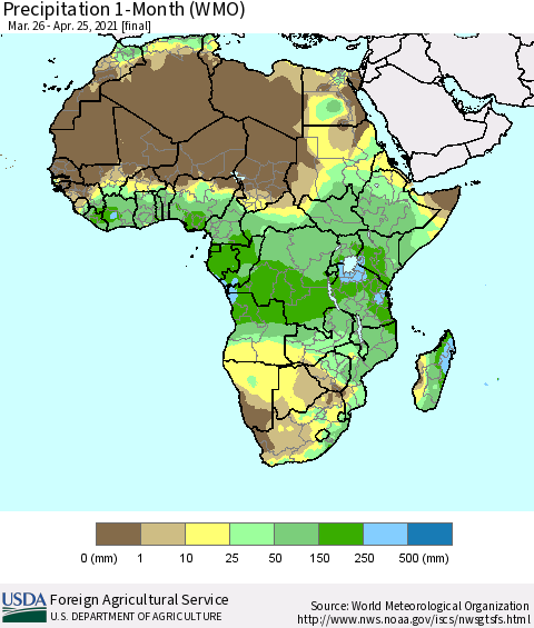 Africa Precipitation 1-Month (WMO) Thematic Map For 3/26/2021 - 4/25/2021