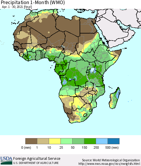 Africa Precipitation 1-Month (WMO) Thematic Map For 4/1/2021 - 4/30/2021