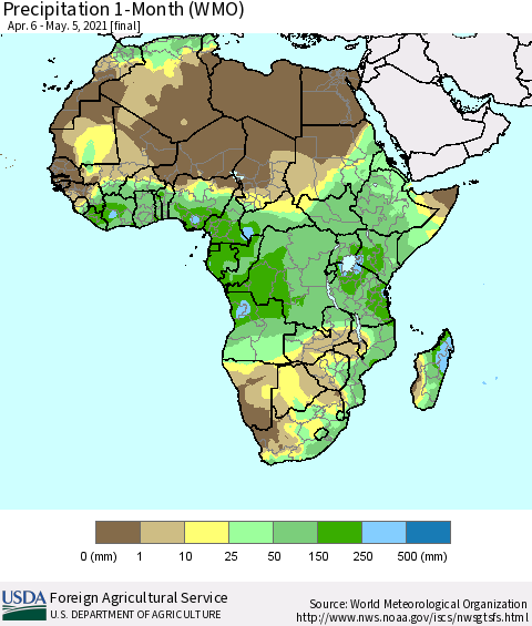 Africa Precipitation 1-Month (WMO) Thematic Map For 4/6/2021 - 5/5/2021