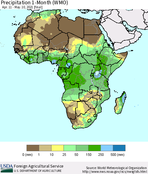 Africa Precipitation 1-Month (WMO) Thematic Map For 4/11/2021 - 5/10/2021