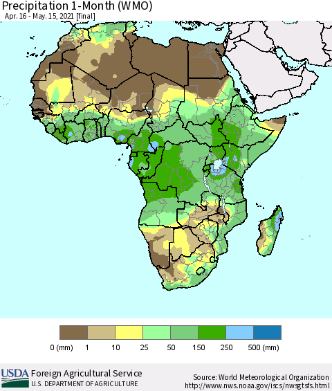Africa Precipitation 1-Month (WMO) Thematic Map For 4/16/2021 - 5/15/2021