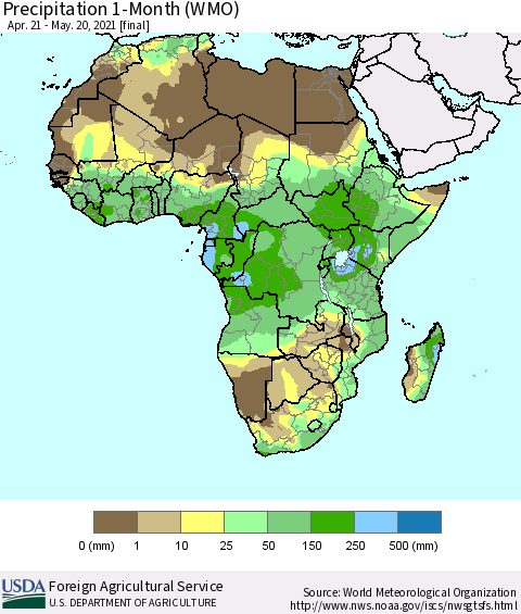 Africa Precipitation 1-Month (WMO) Thematic Map For 4/21/2021 - 5/20/2021