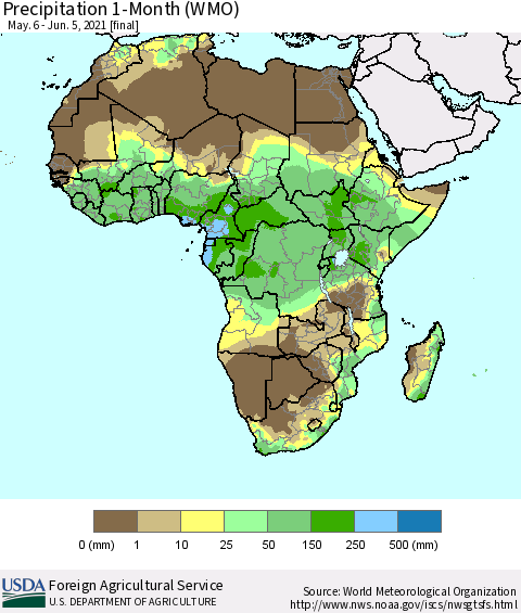 Africa Precipitation 1-Month (WMO) Thematic Map For 5/6/2021 - 6/5/2021
