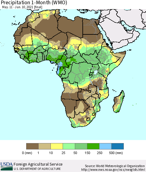 Africa Precipitation 1-Month (WMO) Thematic Map For 5/11/2021 - 6/10/2021