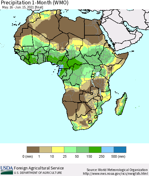 Africa Precipitation 1-Month (WMO) Thematic Map For 5/16/2021 - 6/15/2021