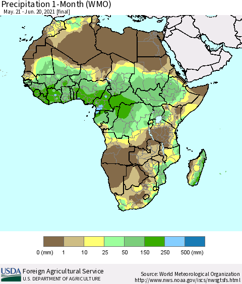 Africa Precipitation 1-Month (WMO) Thematic Map For 5/21/2021 - 6/20/2021